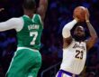 Los Angeles Lakers forward LeBron James #23 shoots a jumper against Boston Celtics guard Jaylen Brown #7 at Crypto.com Arena.