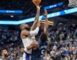 LeBron James shoots over Anthony Edwards in Lakers-Timberwolves 2025 playoff game