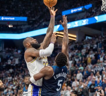 LeBron James shoots over Anthony Edwards in Lakers-Timberwolves 2025 playoff game