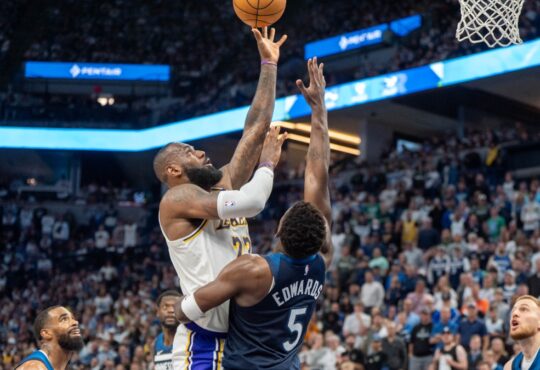 LeBron James shoots over Anthony Edwards in Lakers-Timberwolves 2025 playoff game