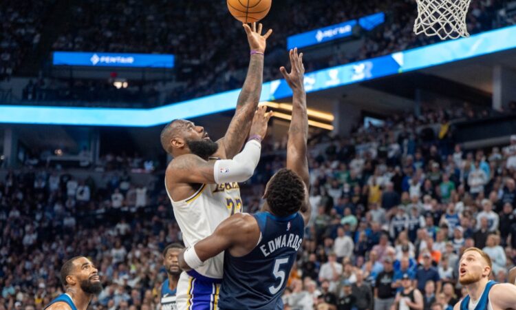 LeBron James shoots over Anthony Edwards in Lakers-Timberwolves 2025 playoff game