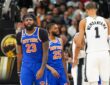 Knicks center Mitchell Robinson and guard Mikal Bridges look on next to Spurs center Victor Wembanyama during the 2026 NBA Finals.