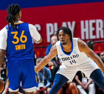 Dallas Mavericks forward Morez Johnson Jr. (14) guards Golden State Warriors guard Deivon Smith (36) during a 2026 NBA Summer League game