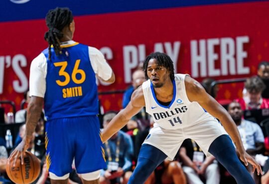 Dallas Mavericks forward Morez Johnson Jr. (14) guards Golden State Warriors guard Deivon Smith (36) during a 2026 NBA Summer League game