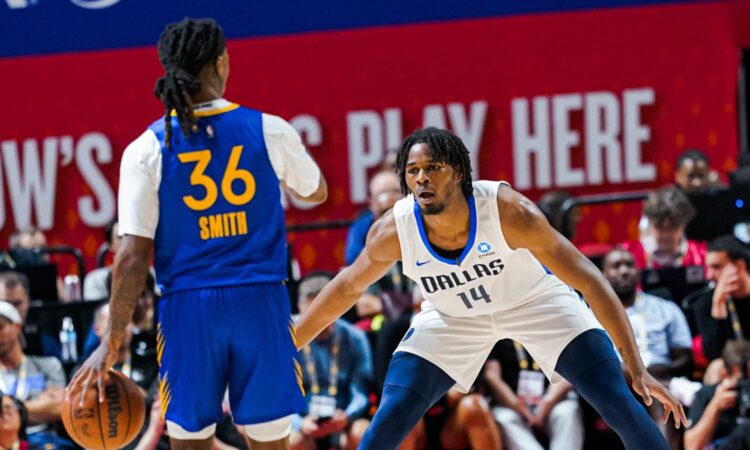 Dallas Mavericks forward Morez Johnson Jr. (14) guards Golden State Warriors guard Deivon Smith (36) during a 2026 NBA Summer League game