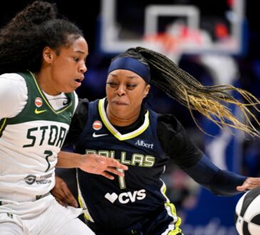Odyssey Sims of the Dallas Wings drives past Zia Cooke of the Seattle Storm during their WNBA game on June 1, 2026