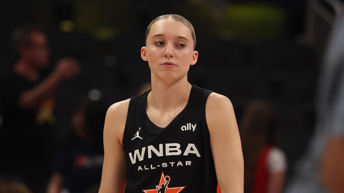 Dallas Wings guard Paige Bueckers stands on the court in her Team Collier All-Star jersey before the 2025 WNBA All-Star Game at Gainbridge Fieldhouse in Indianapolis.
