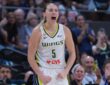 Dallas Wings guard Paige Bueckers reacts after an and-one basket against the Connecticut Sun.