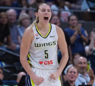 Dallas Wings guard Paige Bueckers reacts after an and-one basket against the Connecticut Sun.