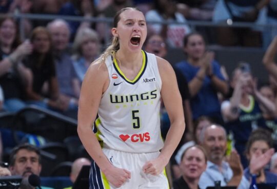 Dallas Wings guard Paige Bueckers reacts after an and-one basket against the Connecticut Sun.