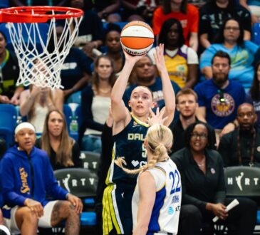Dallas Wings guard Paige Bueckers (5) elevates for a jump shot over Los Angeles Sparks forward Cameron Brink (22) during Dallas' win over the Sparks on July 19, 2026.