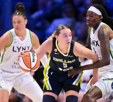 Paige Bueckers of the Dallas Wings drives to the basket against Natasha Howard of the Minnesota Lynx during their WNBA game on June 28, 2026