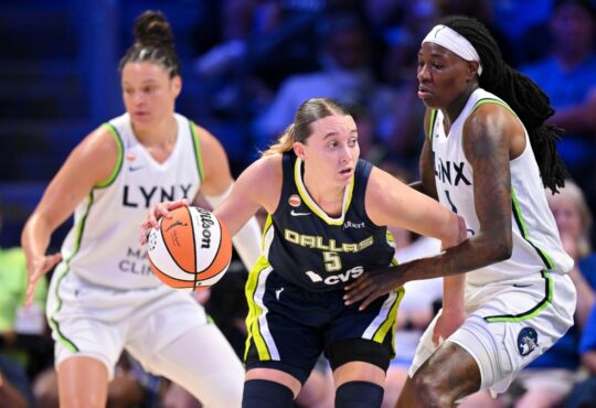 Paige Bueckers of the Dallas Wings drives to the basket against Natasha Howard of the Minnesota Lynx during their WNBA game on June 28, 2026