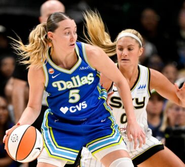 Paige Bueckers dribbles past Chicago Sky guard Jacy Sheldon during the second half at American Airlines Center on July 12, 2026