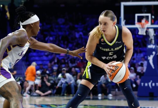 Dallas Wings guard Paige Bueckers controls the ball as Los Angeles Sparks guard Erica Wheeler defends during a game at College Park Center.