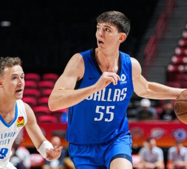 Mavericks guard Sergio De Larrea (55) dribbles past an Oklahoma City Thunder defender during a Summer League game