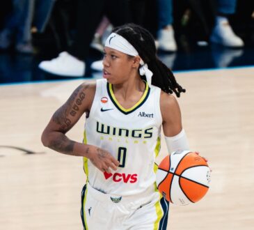 Dallas Wings guard Sug Sutton #0 dribbles up the court against the New York Liberty during a WNBA game at College Park Center in Arlington, Texas.