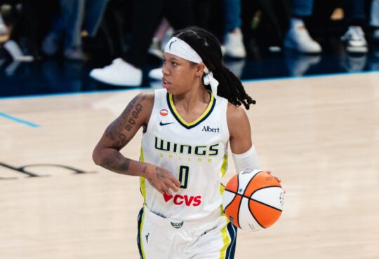 Dallas Wings guard Sug Sutton #0 dribbles up the court against the New York Liberty during a WNBA game at College Park Center in Arlington, Texas.