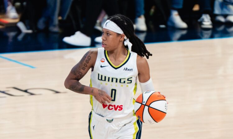Dallas Wings guard Sug Sutton #0 dribbles up the court against the New York Liberty during a WNBA game at College Park Center in Arlington, Texas.