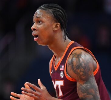 Tobi Lawal, now with the Dallas Mavericks, reacts to a call during a Virginia Tech game against Syracuse