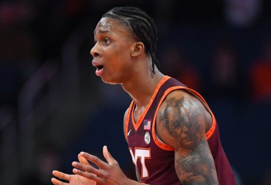 Tobi Lawal, now with the Dallas Mavericks, reacts to a call during a Virginia Tech game against Syracuse